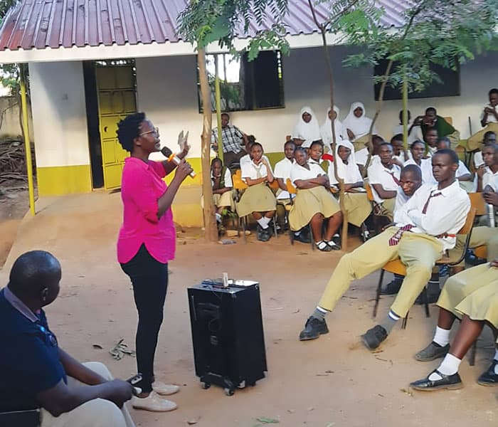 A public information session about addiction is held at a school in Ukunda, Kenya, with a presentation for 22 teachers followed by an assembly for the school’s 500 students. (Courtesy of Megan Hamilton/Kenya)
