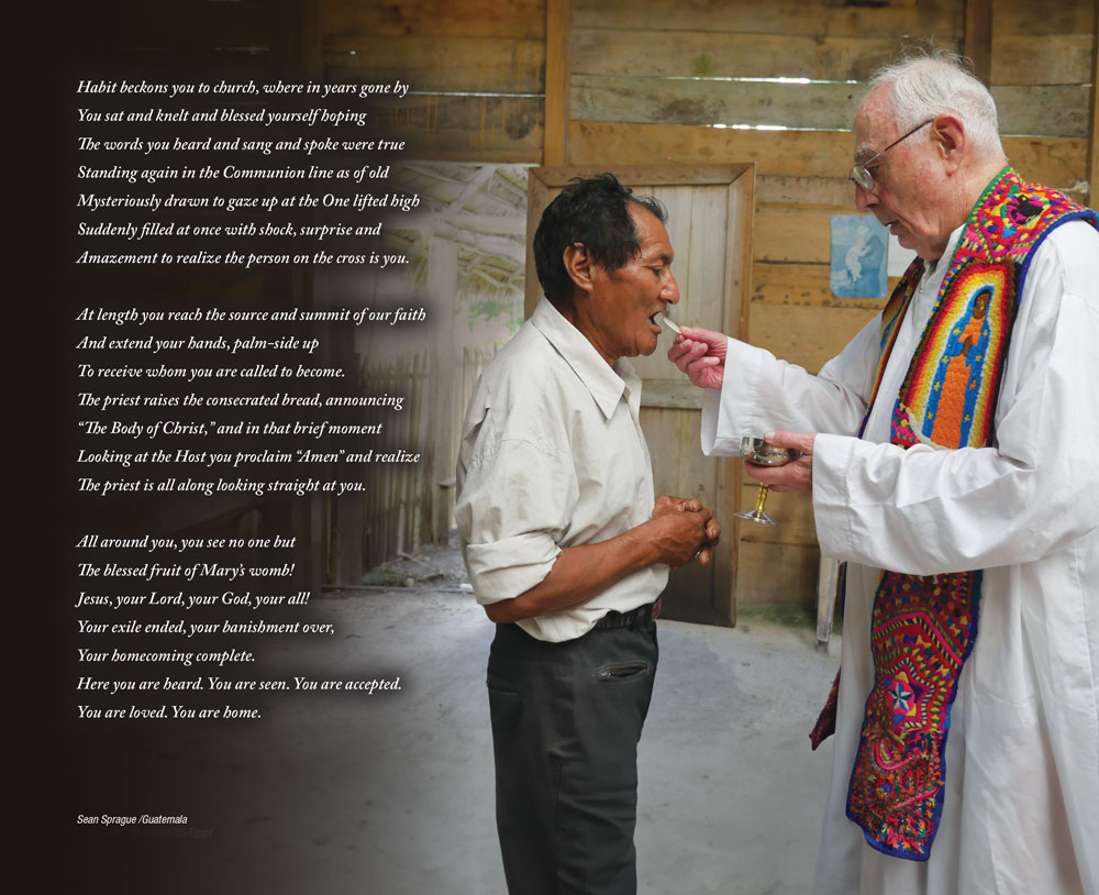 A man with his eyes closed and hands together solemnly receives communion 