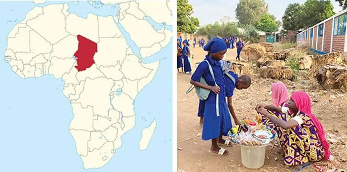 Left: Map of Chad. Right: In Chad many children from struggling families, such as these young street vendors, must work from an early age instead of attending school. 