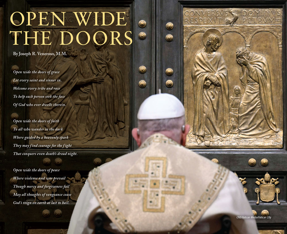 The pope, with is back to the camera, walks towards the doors of a cathedral