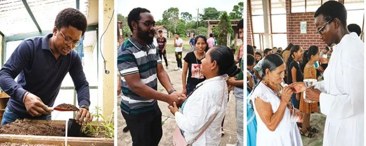 Left to Right: Maryknoll Seminarian Barrack Odeka brings experience in agriculture to Maryknoll’s work of helping with reforestation projects in Cochabamba and in the Amazon. At a Communion service led by the seminarians in Santisima Trinidad parish in TIPNIS, Kabaka greets parishioners; Mutiso distributes Communion. 