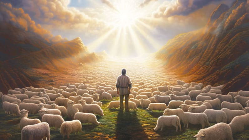 A shepherd, facing a beautiful sunset, stands among hundres of shee.