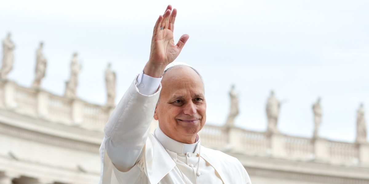Pope Leo XIV greets visitors and pilgrims from the popemobile as he rides around St. Peter’s Square at the Vatican before his weekly general audience Oct. 22, 2025. (CNS photo/Lola Gomez)