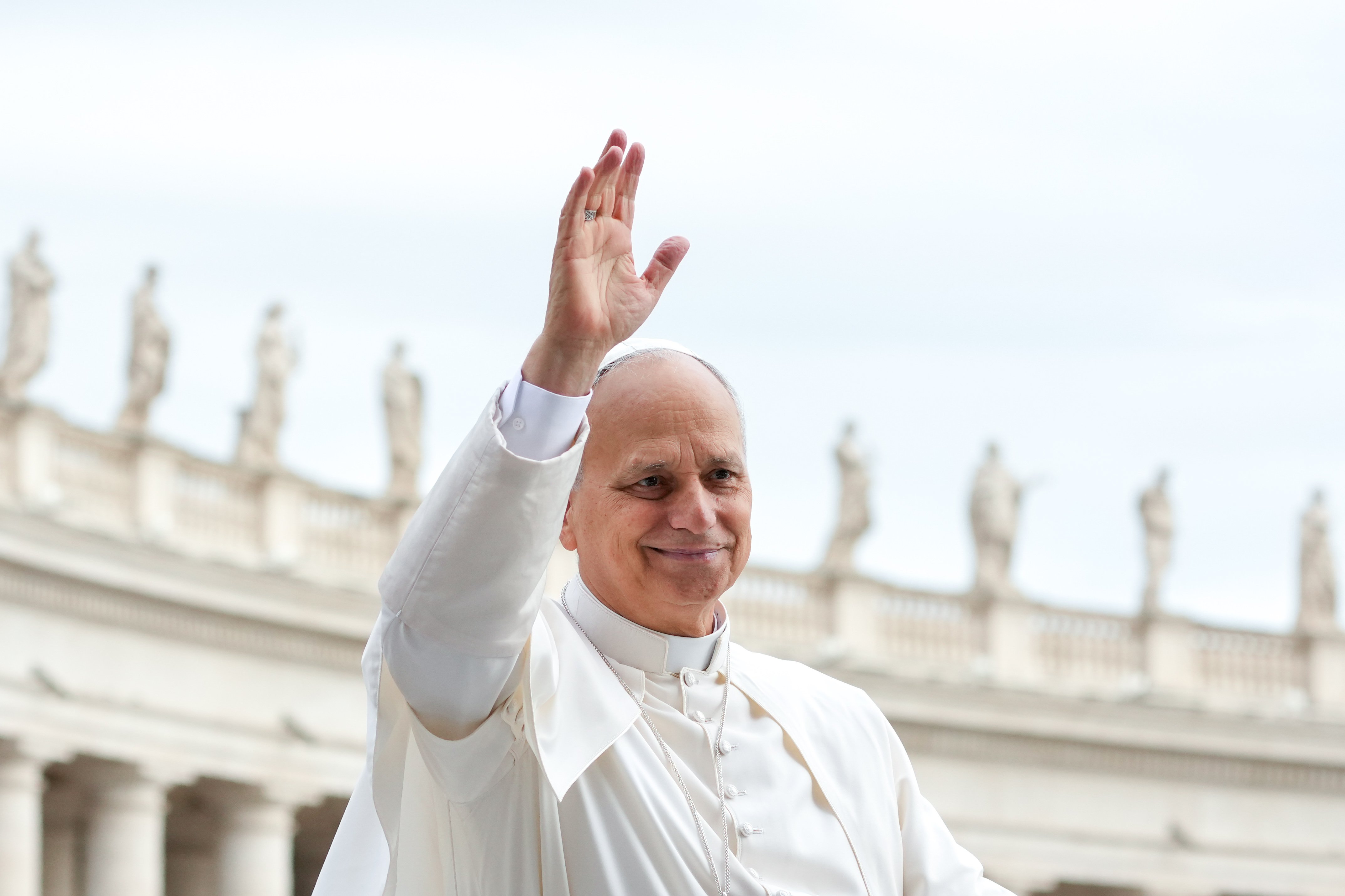 Pope Leo XIV greets visitors and pilgrims from the popemobile as he rides around St. Peter’s Square at the Vatican before his weekly general audience Oct. 22, 2025. (CNS photo/Lola Gomez)