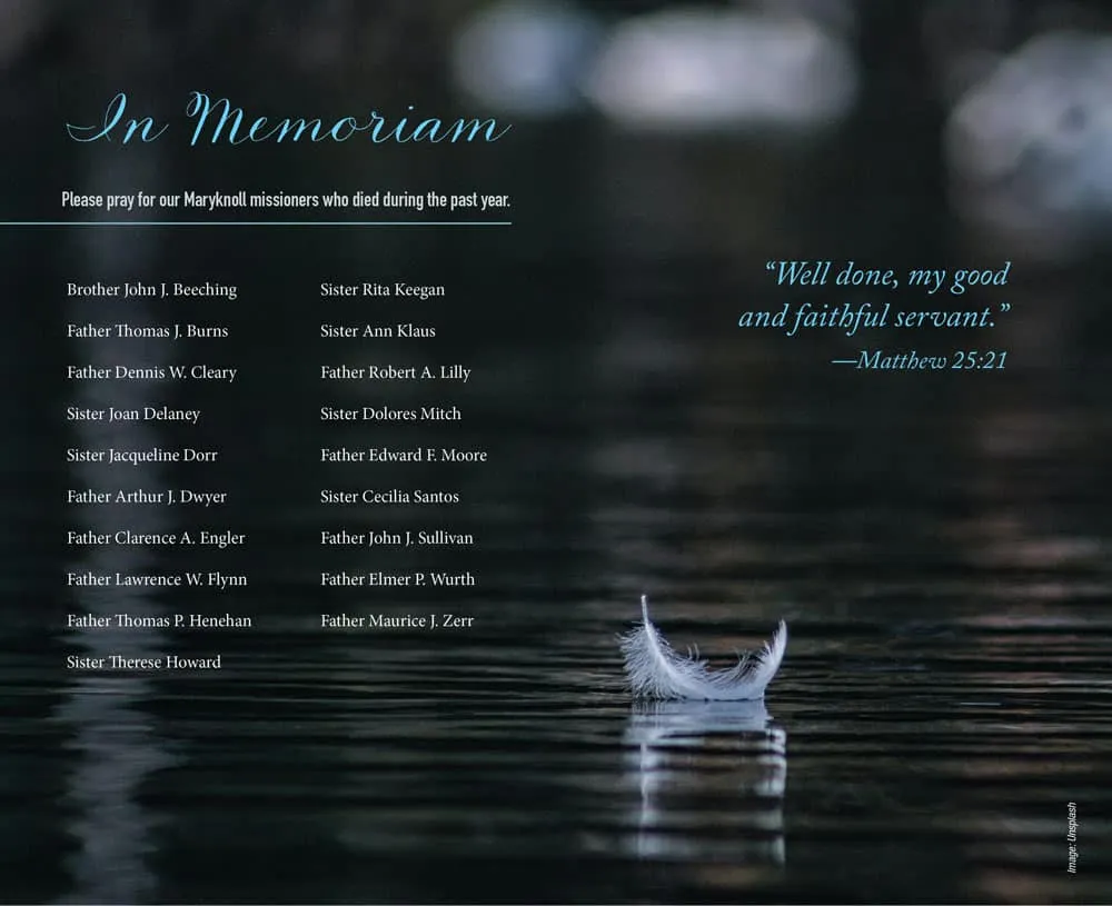 A feather on the surface of a pond with a list of the Maryknoll missioners who died during the past year.