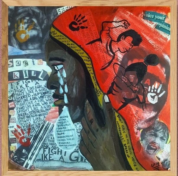 Artwork “Silent Protest” by Griffins Bakhuya, from Kenya, depicting a girl and newspaper clippings about gender violence. (Wikimedia Commons CC BY 4.0)