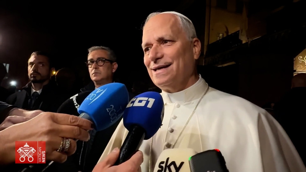 Pope Leo XIV is seen speaking to journalists outside the Palazzo Barberini in Castel Gandolfo, Italy, in a screen shot from a video taken Nov. 4, 2025. (CNS/screen grab, Vatican Media)