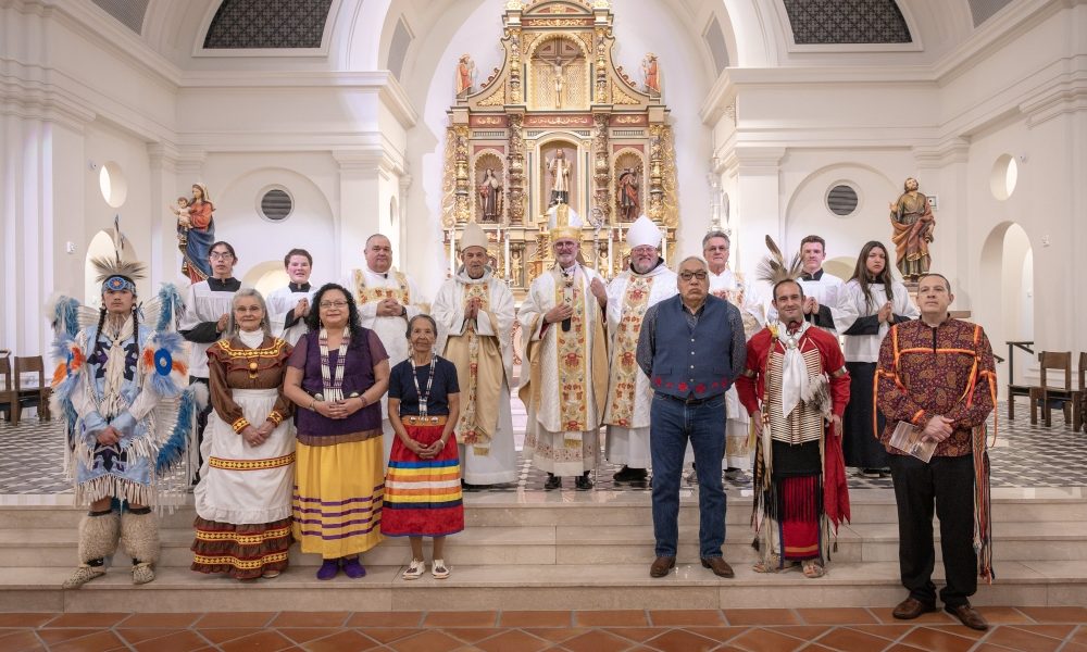 Archbishop Paul S. Coakley, center, Benedictine Abbot Lawrence Stasyszen of St. Gregory’s Abbey in Shawnee, Okla., at right of the archbishop, Benedictine Abbot Philip Anderson of Our Lady of Clear Creek Abbey in Hulbert in the Diocese of Tulsa, Okla., at left, stand with Deacon Roy Callison and Deacon Craig Victor, altar servers and lectors after the Native American Mass on Nov. 23, 2025, at the Blessed Stanley Rother Shrine in Oklahoma City. (OSV News/Chris Porter, Sooner Catholic)