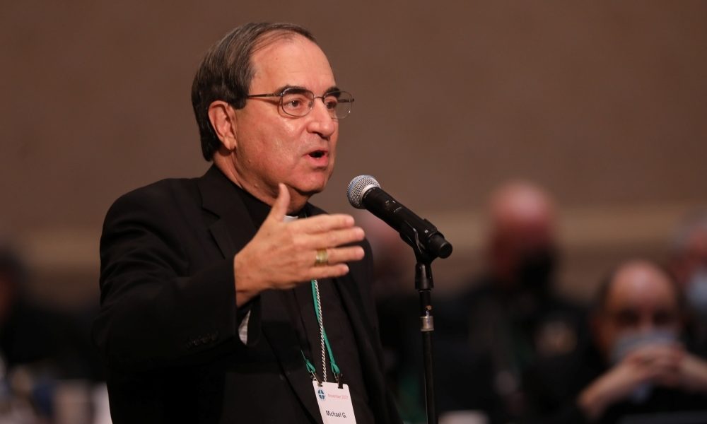 Bishop Michael G. Duca of Baton Rouge, La., speaks from the floor during a Nov. 17, 2021, session of the fall general assembly of the U.S. Conference of Catholic Bishops in Baltimore. Amid immigration detention sweeps in Louisiana, Bishop Duca issued a dispensation Dec. 4, 2025, from the obligation to attend Mass for those Catholics who are “rightfully afraid to participate in Mass because of their fear.” (OSV News/Bob Roller)