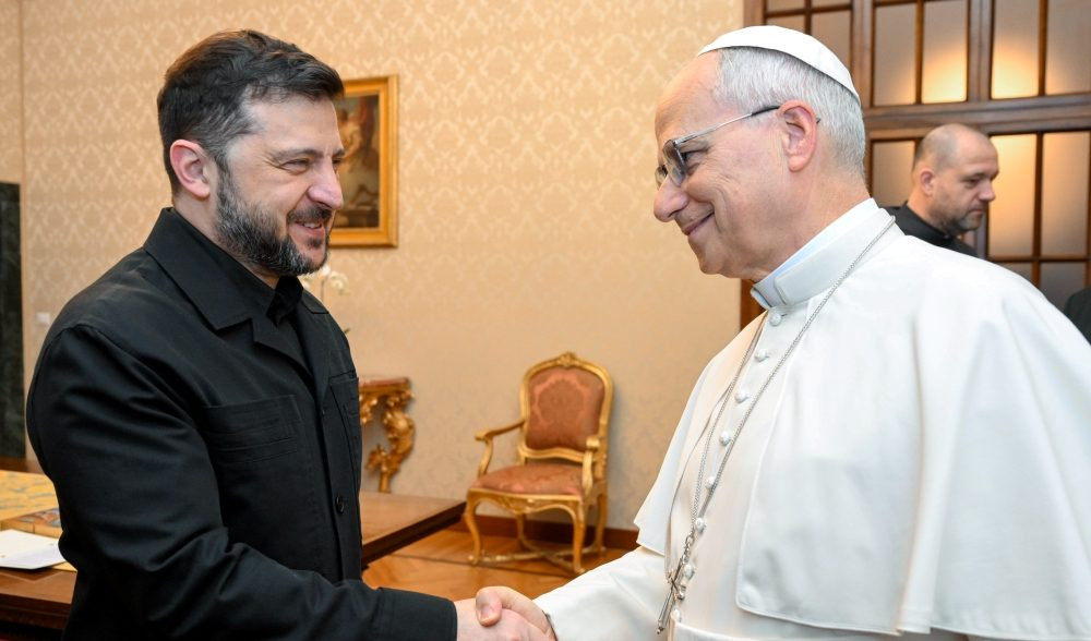 Ukrainian President Volodymyr Zelenskyy greets Pope Leo XIV during a meeting at the papal residence in Castel Gandolfo Dec. 9, 2025. (CNS/Vatican Media)