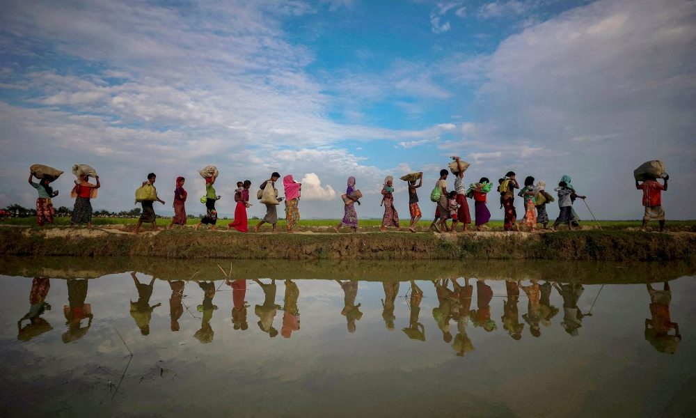 Rohingya refugees are reflected in rain water along an embankment next to paddy fields after fleeing from Myanmar into Palang Khali, near Cox’s Bazar, Bangladesh Nov. 2, 2017. President Donald Trump said in a series of social media posts Nov. 27, 2025, that he will “permanently pause” all immigration from what he called “Third World Countries.” (OSV News/Hannah McKay, Reuters)