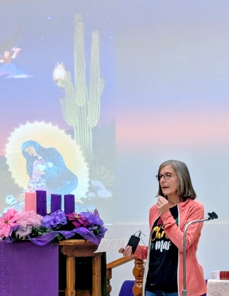 Maryknoll Lay Missioner Heidi Cerneka, an immigration attorney based in El Paso, Texas, speaks during a Posada in El Paso Dec. 21, 2025, after she, a dozen Jesuit priests and seminarians and other volunteers found the remains of two women Dec. 19 in New Mexico, after scouring 80 miles of desert in a search for migrants, living or deceased, who crossed the U.S.-Mexico border. (OSV News/courtesy James Holeman)