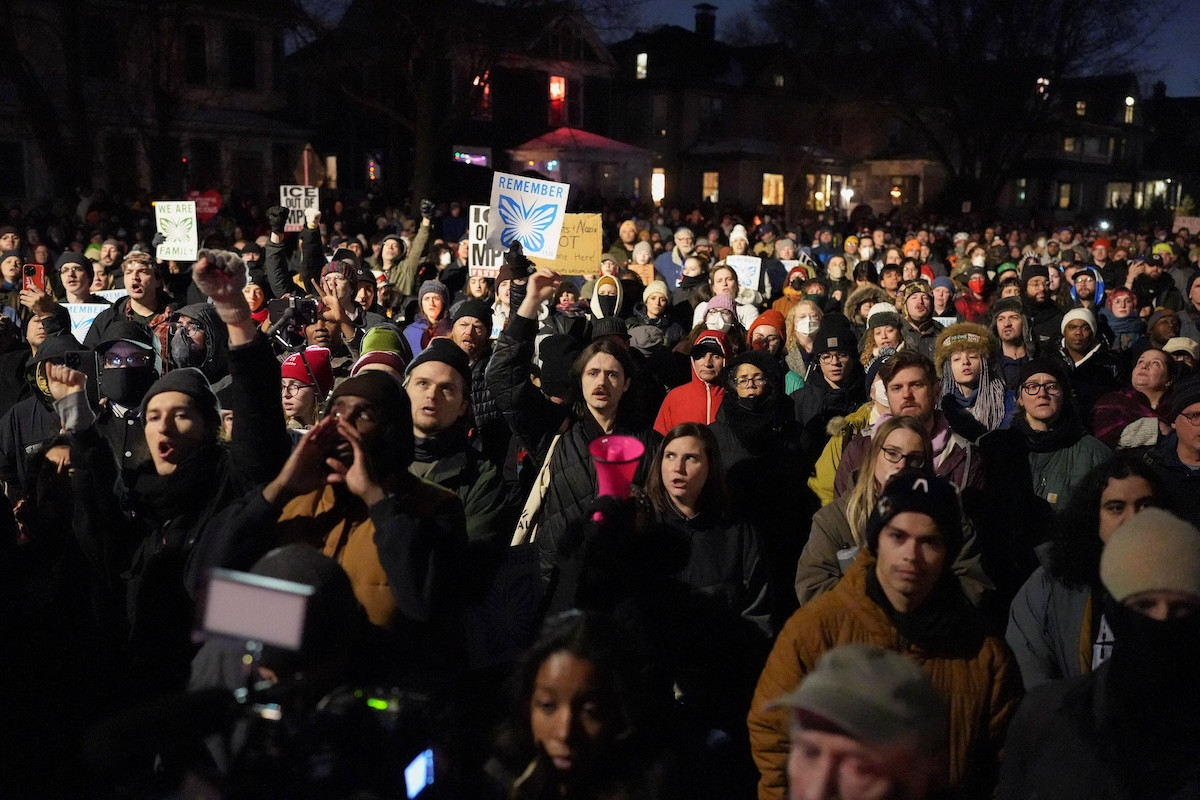 People gather during a vigil for a 37-year-old woman who was shot in her car by a U.S. immigration agent, according to local and federal officials, in Minneapolis Jan. 7, 2026. (OSV News photo/Tim Evans, Reuters)