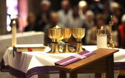 Communion chalices for reception of Holy Communion by the faithful rest on the altar during Mass at Sacred Heart Church in Prescott, Arizona, Dec. 10, 2023. (OSV News/Bob Roller)