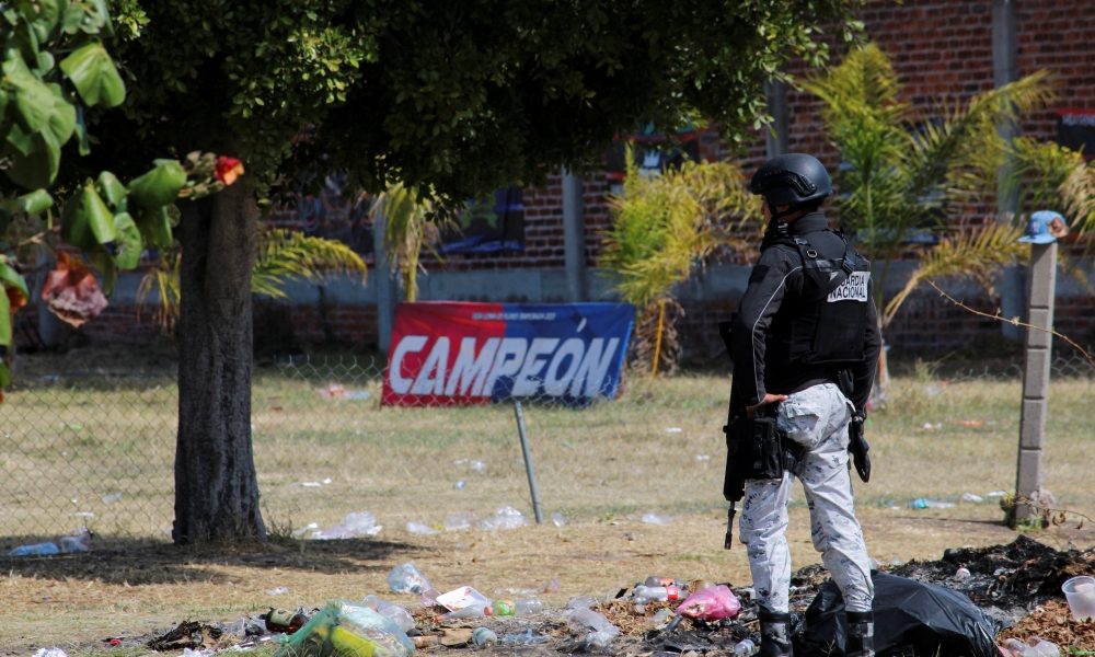 A member of the National Guard stands at a soccer field in the municipality of Salamanca, Mexico, Jan. 26, 2026, at the site where a group of armed attackers killed several people during a soccer match. Gunmen descended from two vehicles and opened fire on players and spectators at the recreational soccer match Jan. 25 in the community of Loma de Flores, according to local officials. (OSV News/Juan Moreno, Reuters)