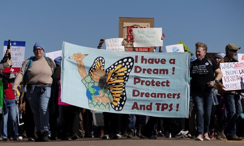 People take part in a protest at the South Texas Family Residential Center, where Adrian Conejo and his son Liam Conejo Ramos, who were detained by U.S. Immigration and Customs Enforcement (ICE) agents in Minnesota, were being held at the Dilley Immigration Processing Center, in Dilley, Texas, Jan. 28, 2026. The pair were released on a judge’s Jan. 31 order and returned to Minneapolis the following day. (OSV News photo/Antranik Tavitian, Reuters)