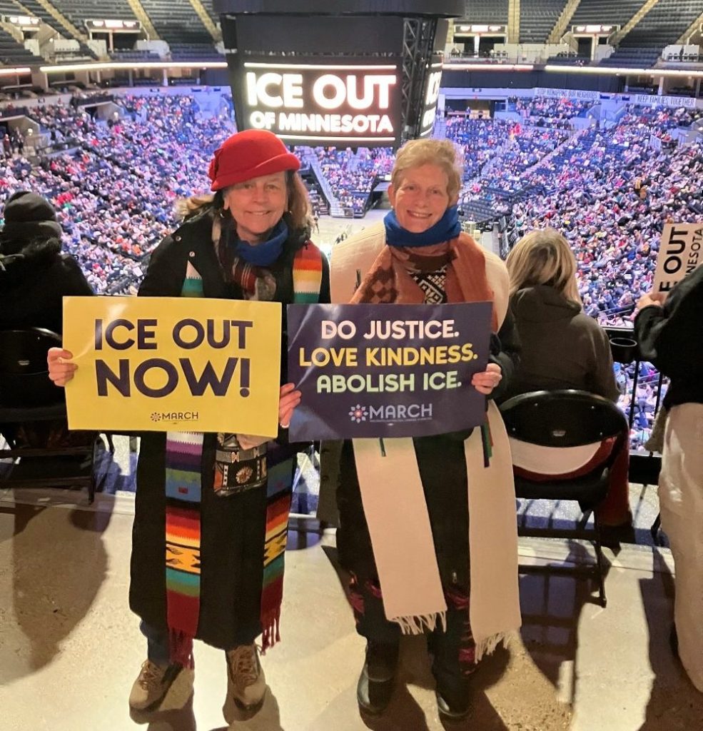 Jean Walsh, left, and friend Renata Eustis joined an estimated 50,000 marchers at the Target Center in Minneapolis to protest the immigration enforcement surge in that city. (Courtesy of Jean Walsh/U.S.)