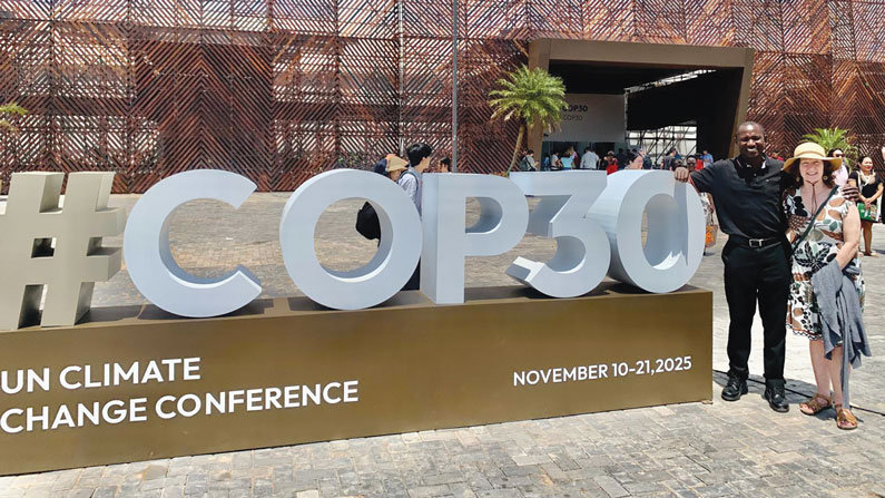 Maryknoll Father Patrick Okok and Maryknoll Office for Global Concerns staff member Lisa Sullivan attended the United Nations Climate Change Conference, known as COP30, in Belém, Brazil, the gateway to the Amazon River, last November. (Courtesy of Lisa Sullivan/Brazil)