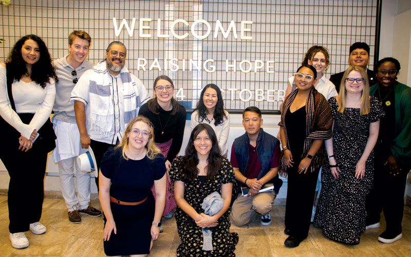 During the pilgrimage, the young adults attended the Raising Hope Conference with Pope Leo XIV on the climate change crisis. Top row from left to right: Sarahi Unzueta, Connor Murray, Ray Almanza, Brinkley Johnson, Diana Marin, Luna Stephanie, Kathleen O’Brien, Lauren Pusich, Jesús “Paco” Estrada, Ogechi Akalegbere. Front row, kneeling: Amanda Judah, Kayla Jacobs, Andrés García. (Andrea Moreno-Díaz/Italy)