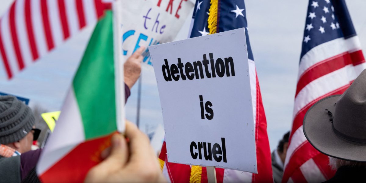 People protest hours after five-year-old Liam Conejo Ramos and his father, Adrian Conejo Arias, returned home after a judge ordered them to be released from Immigration and Customs Enforcement detention at the South Texas Family Residential Center in Dilley, Texas, Feb. 1, 2026. (OSV News/Kaylee Greenlee, Reuters)
