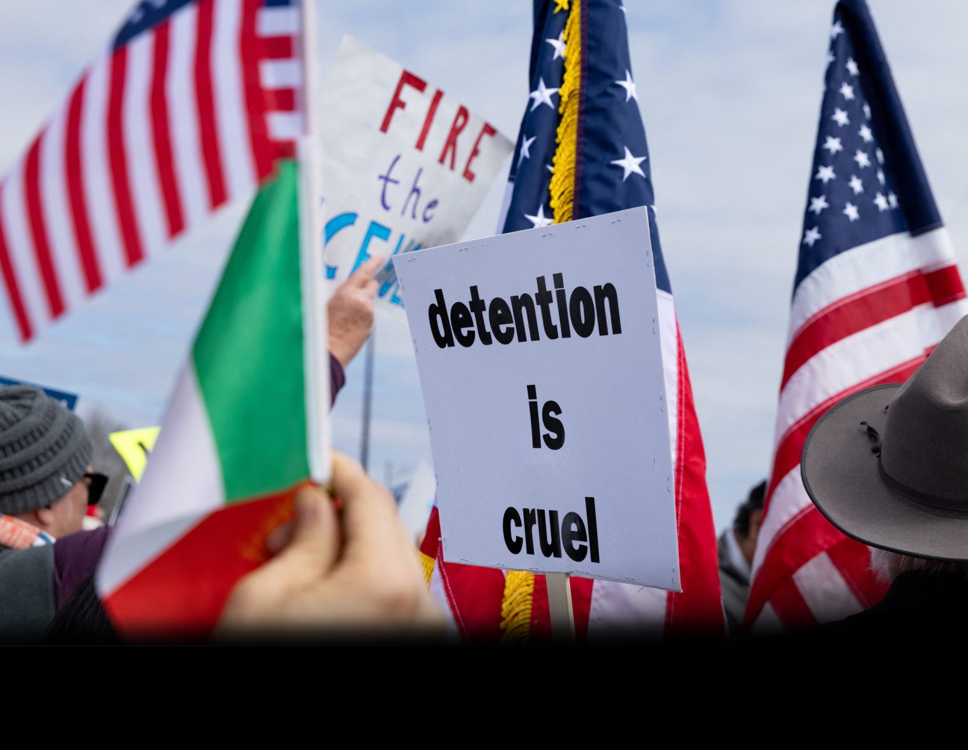 People protest hours after five-year-old Liam Conejo Ramos and his father, Adrian Conejo Arias, returned home after a judge ordered them to be released from Immigration and Customs Enforcement detention at the South Texas Family Residential Center in Dilley, Texas, Feb. 1, 2026. (OSV News/Kaylee Greenlee, Reuters)