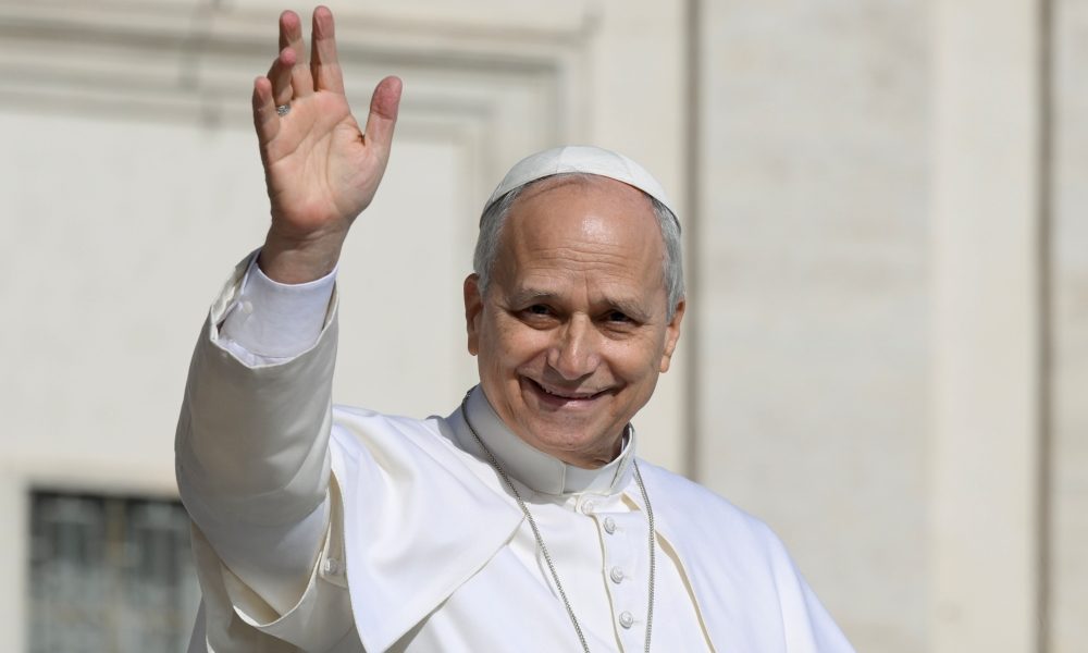Pope Leo XIV greets the crowd before leading the general audience in St. Peter’s Square at the Vatican on February 18, 2026. (CNS/Vatican Media)