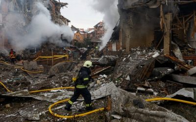 Firefighters work at the site of a residential building damaged during Russian drone and missile strikes in Kyiv, Ukraine, Feb. 22, 2026. (OSV News/Valentyn Ogirenko, Reuters)