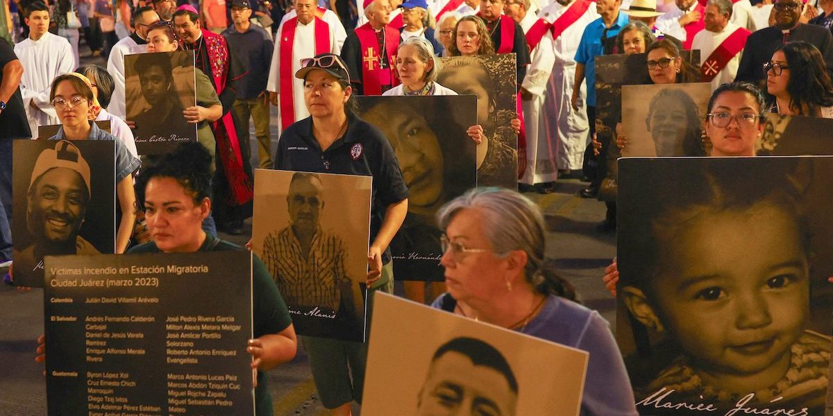 Catholics and other demonstrators hold placards with photographs and names of people who died in immigration-related circumstances as they take part in a protest in El Paso, Texas, March 24, 2026, against mass deportations and the immigration policies of the Trump administration. Bishop Mark J. Seitz of El Paso, center wearing a bishop’s skull cap, can be seen taking part in the the protest. (OSV News photo/Jose Luis Gonzalez)