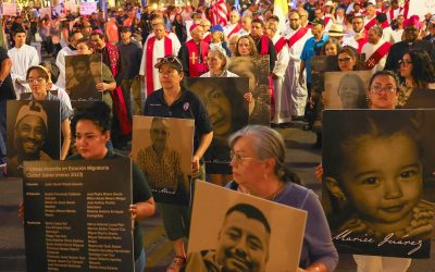 Catholics and other demonstrators hold placards with photographs and names of people who died in immigration-related circumstances as they take part in a protest in El Paso, Texas, March 24, 2026, against mass deportations and the immigration policies of the Trump administration. Bishop Mark J. Seitz of El Paso, center wearing a bishop’s skull cap, can be seen taking part in the the protest. (OSV News photo/Jose Luis Gonzalez)