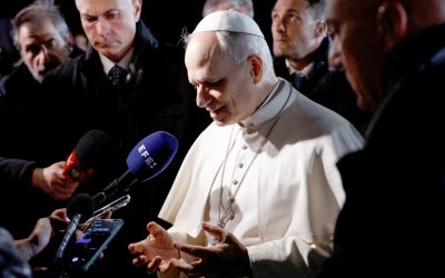 Pope Leo XIV speaks to the media before leaving the papal residence in Castel Gandolfo, Italy, March 31, 2026, to head back to the Vatican. Pope Leo called on world leaders, including President Donald Trump by name, to deescalate the war in the Middle East. (OSV News/Remo Casilli, Reuters)