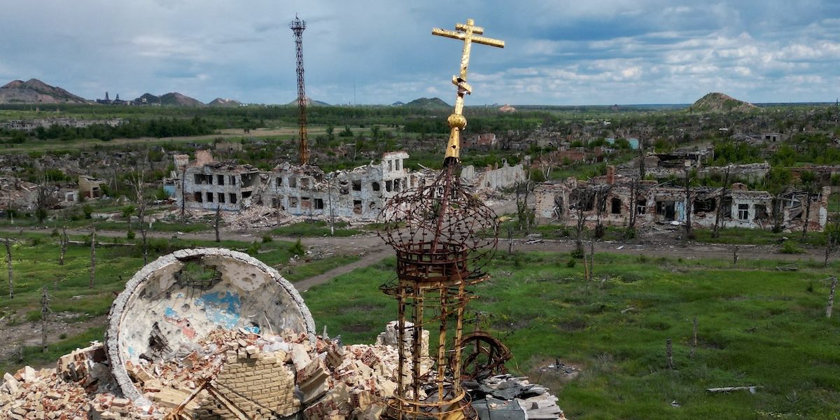 A drone view shows the ruins of a church and buildings in the village of Marinka (Maryinka) in the Russian-controlled Donetsk region of Ukraine May 15, 2025. Several prominent American Catholics have launched a petition calling for the end of Russia’s religious persecution in occupied areas of Ukraine. (OSV News photo/Alexander Ermochenko, Reuters)