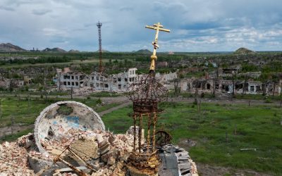 A drone view shows the ruins of a church and buildings in the village of Marinka (Maryinka) in the Russian-controlled Donetsk region of Ukraine May 15, 2025. Several prominent American Catholics have launched a petition calling for the end of Russia’s religious persecution in occupied areas of Ukraine. (OSV News photo/Alexander Ermochenko, Reuters)