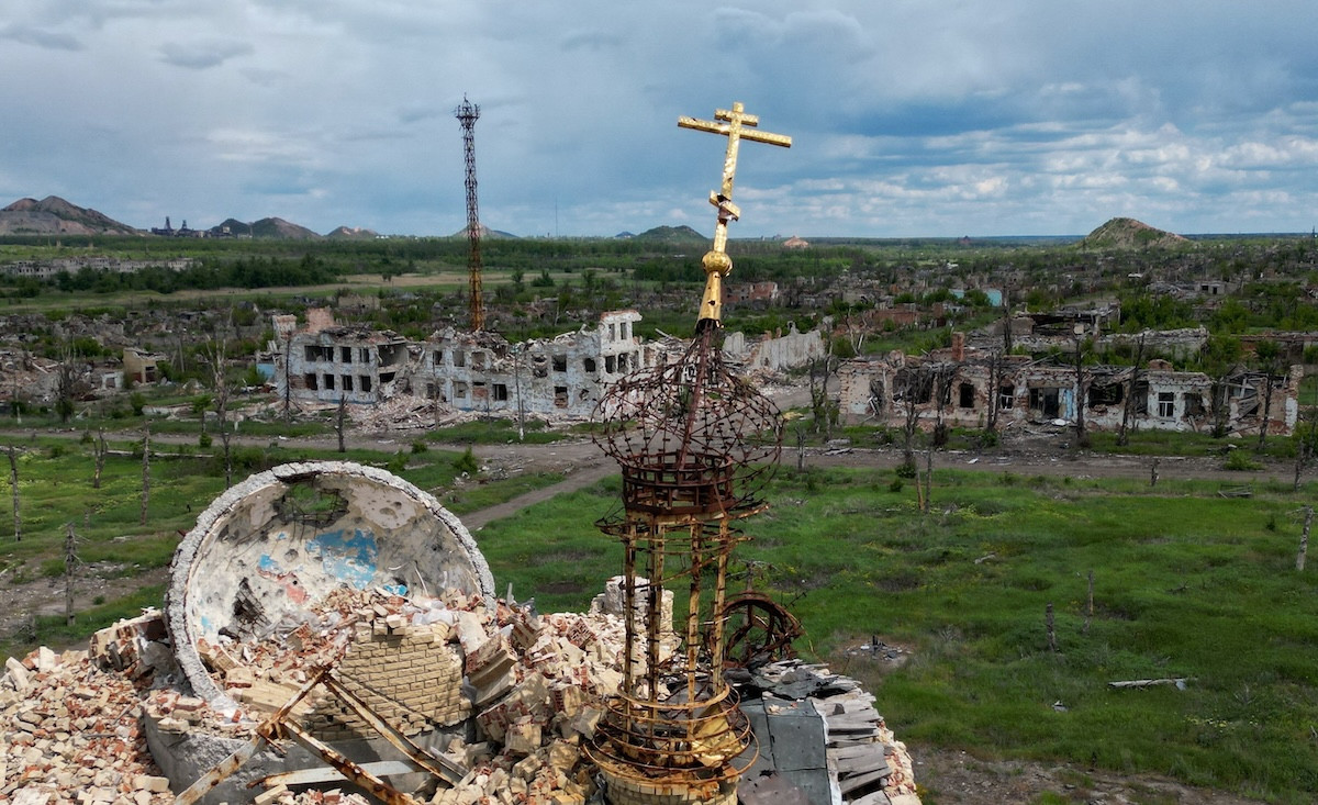 A drone view shows the ruins of a church and buildings in the village of Marinka (Maryinka) in the Russian-controlled Donetsk region of Ukraine May 15, 2025. Several prominent American Catholics have launched a petition calling for the end of Russia’s religious persecution in occupied areas of Ukraine. (OSV News photo/Alexander Ermochenko, Reuters)