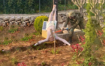 An Israeli soldier is seen destroying a statue of Jesus in Debel, Lebanon, April 19, 2026. The Israel Defense Force on April 19 confirmed the authenticity of the photo, which was posted on X by Palestinian journalist Younis Tirawi. (OSV News/x.com via Reuters)