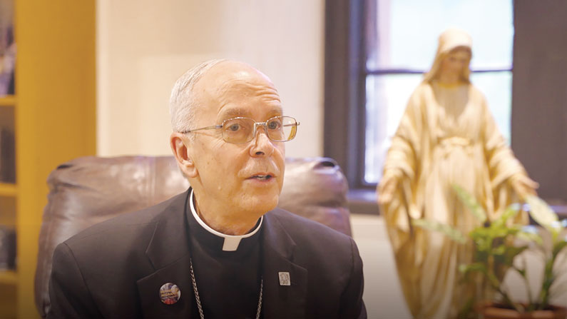 In an interview held at the Maryknoll Fathers and Brothers headquarters in Ossining, New York, on June 7, 2025, Bishop Mark J. Seitz of El Paso, Texas, spoke about migration. (Michael Meyerson/U.S.)