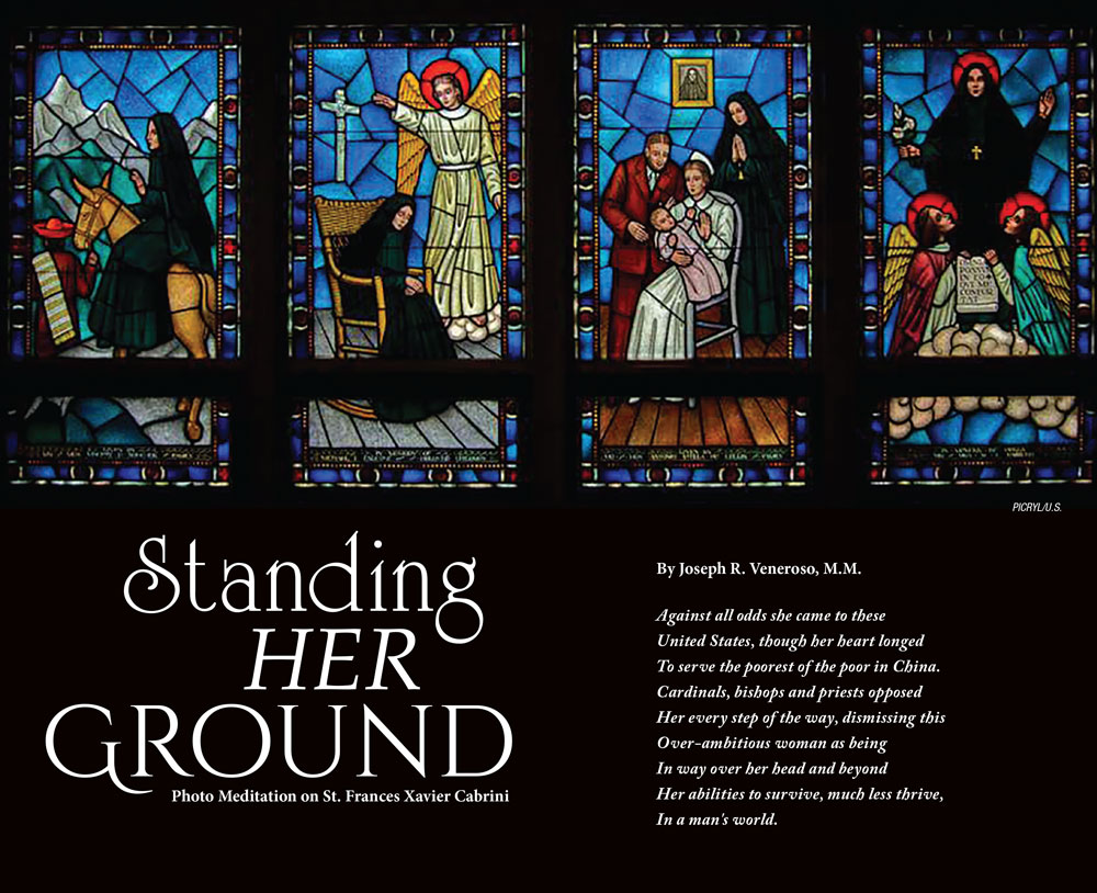 Four beautiful stained glass windows above a passage called "Standing Her Ground"