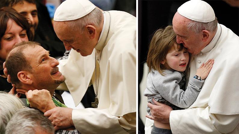 Left, right: Pope Francis welcomes a disabled man at his general audience in 2018; Pope Francis embraces a child while meeting the disabled at his general audience in 2016. In his encyclical Fratelli Tutti, he wrote, “Many persons with disabilities feel that they exist without belonging and without participating.” (CNS/Paul Haring/Vatican City)