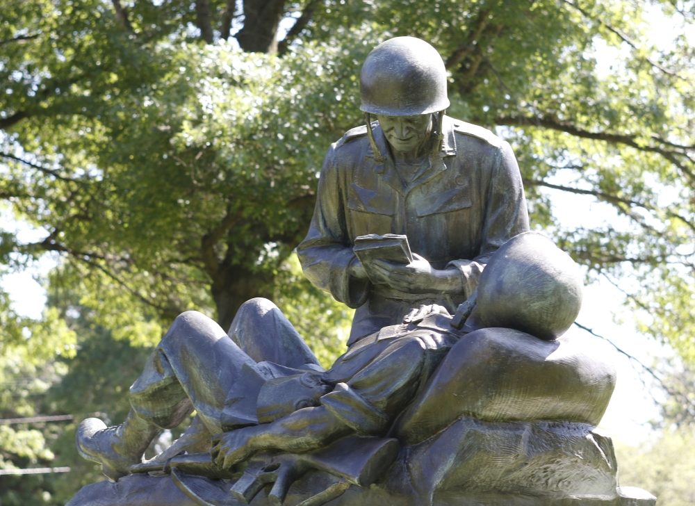 A memorial to Maryknoll Father Vincent R. Capodanno, a Navy chaplain who was killed in 1967 while serving with the Marines in Vietnam, is seen July 15, 2019, at Fort Wadsworth in the Staten Island borough of New York. Father Capodanno, a native of Staten Island, was posthumously awarded the Congressional Medal of Honor in 1969. His cause for sainthood is being promoted by the U.S. Archdiocese for the Military Services. (CNS/Gregory A. Shemitz)