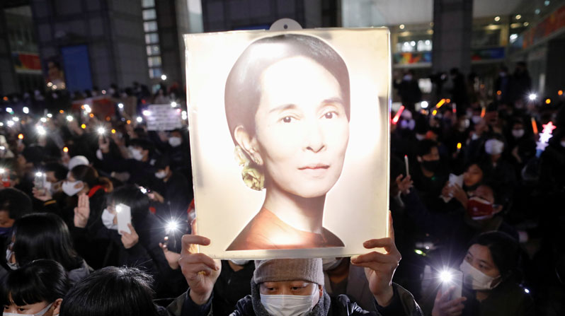 Demonstrators in Tokyo protest Myanmar’s military coup against elected leader Aung San Suu Kyi Feb. 11, 2021. (CNS/Issei Kato, Reuters)