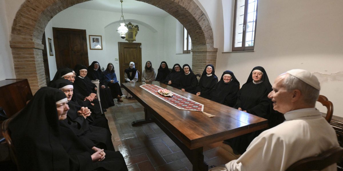 Pope Leo XIV talks with the Augustinian nuns at the Monastery of St. Clare of the Cross in Montefalco, Italy, Nov. 20, 2025. (CNS photo/Vatican Media)