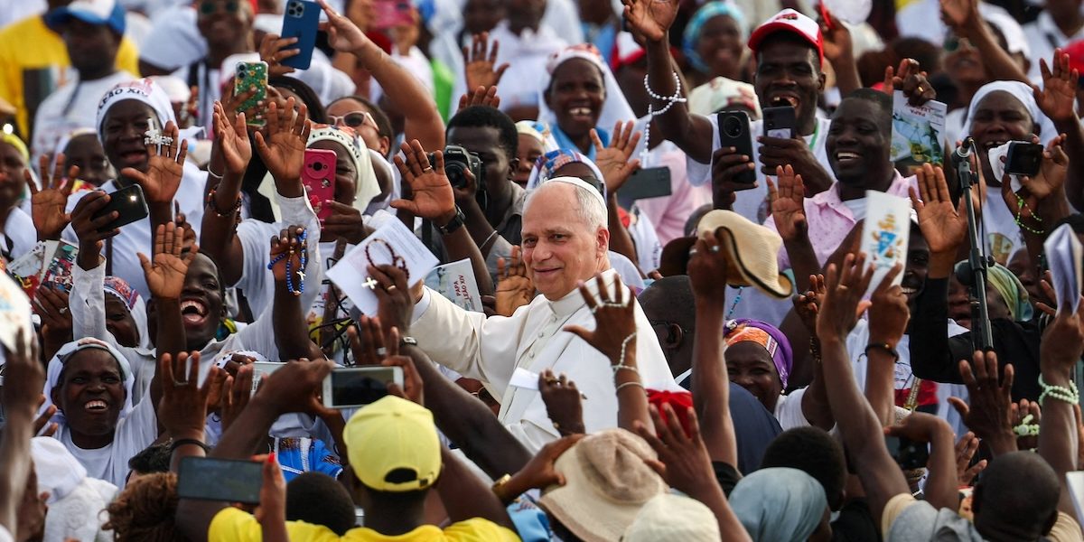 Pope Leo XIV amid faithful, on the day he led those gathered at the “Mama Muxima” Shrine in praying the rosary during his apostolic journey in Africa, in Muxima, Angola, April 19, 2026. (OSV News photo/Guglielmo Mangiapane, Reuters)