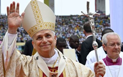 Pope Leo XIV waves as he arrives to celebrate the final Mass of his apostolic journey to Africa at Malabo Stadium in Equatorial Guinea April 23, 2026. (OSV News photo/Simone Risoluti, Vatican Media)