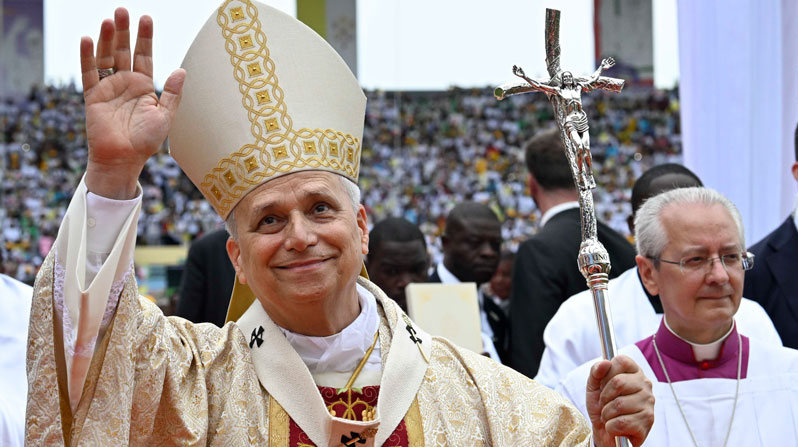 Pope Leo XIV waves as he arrives to celebrate the final Mass of his apostolic journey to Africa at Malabo Stadium in Equatorial Guinea April 23, 2026. (OSV News photo/Simone Risoluti, Vatican Media)