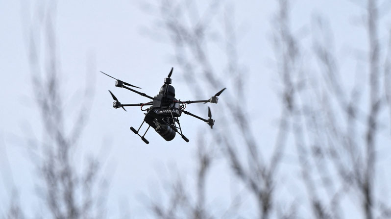 A heavy strike drone of the 422nd Unmanned Systems Regiment of the Ukrainian Armed Forces flies with an attached air bomb over a training ground, amid Russia’s attack on Ukraine, in Zaporizhzhia region, Ukraine, March 23, 2026. (OSV News/Reuters)