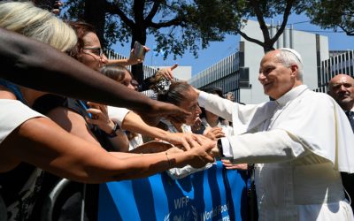 Pope Leo XIV greets employees of the United Nations’ World Food Program outside its Rome headquarters June 22, 2026. (OSV News/Simone Risoluti, Vatican Media)