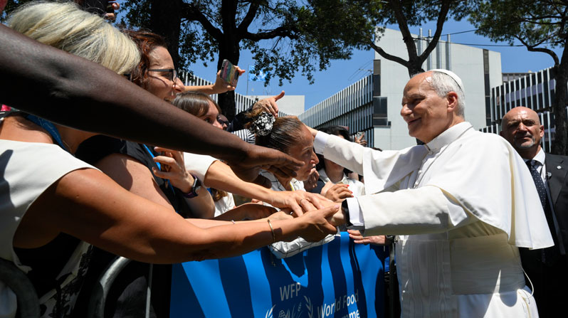 Pope Leo XIV greets employees of the United Nations’ World Food Program outside its Rome headquarters June 22, 2026. (OSV News/Simone Risoluti, Vatican Media)