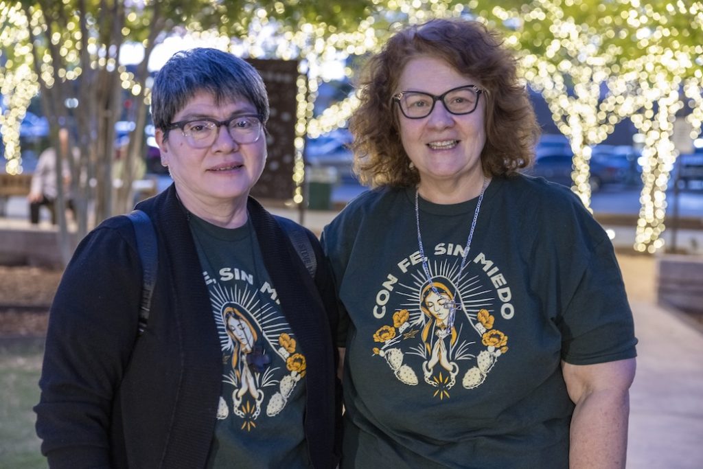 The diocesan Migrant Hospitality Ministry is run by Scalabrinian Sister Leticia Gutiérrez (left), who organizes a host of volunteers including Maryknoll missioners, and Scalabrinian Sister Elisete Signor, the ministry’s director of operations, to respond to the needs of detainees and their families. The sisters are shown attending a march and vigil on March 24. (Octavio Durán/U.S.)