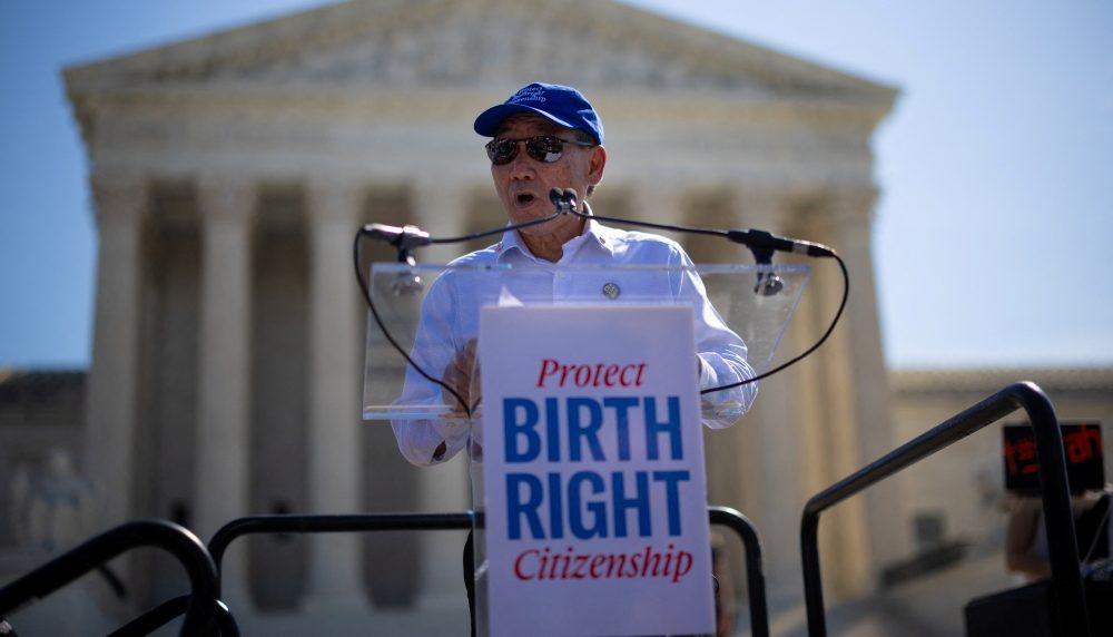 Norman Wong, the great-grandson of Wong Kim Ark, speaks during a demonstration outside the U.S. Supreme Court building in Washington April 1, 2026, on the day the court hears oral arguments on the legality of the Trump administration’s effort to limit birthright citizenship for the children of immigrants. In 1898, Wong Kim Ark challenged the U.S. government after being denied re-entry to the country following a trip to his parents’ homeland. Though he was born in the United States, authorities claimed he was not a citizen. The Supreme Court ruled in his favor, firmly establishing that the 14th Amendment guarantees birthright citizenship. (OSV News/Carlos Barria, Reuters)