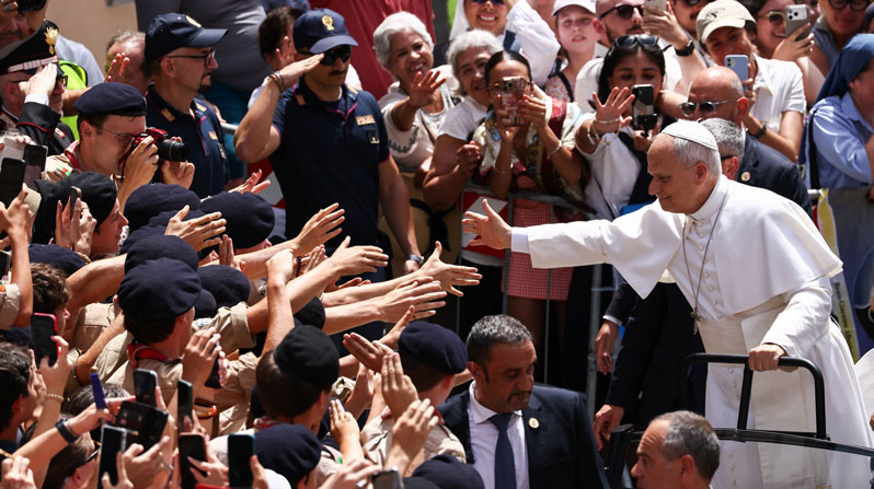 Pope Leo XIV greets the faithful after the Angelus prayer in Piazza della Libertà in Castel Gandolfo, near Rome, Italy, on July 19, 2026. (OSV News/Matteo Minnella, Reuters)