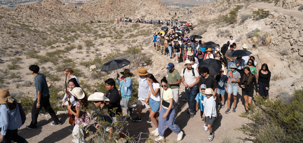 Pilgrims hike to the top of Mount Cristo Rey for Mass in the Diocese of Las Cruces, New Mexico, on June 28, 2026. The mountain has become the site of a dispute between the diocese and the federal government over the seizure of land for a border wall. (Courtesy of Jim Winder)